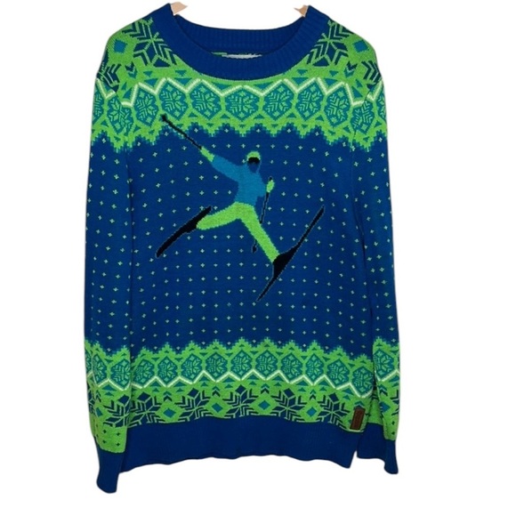 Tipsy Elves Green Blue Knit Alpine Skier Snowflake Ugly Sweater Women Size XL - Picture 1 of 7